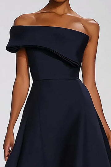 One Shoulder Navy Satin A Line Long Formal Dress